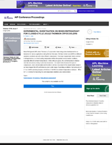 Tzabar N and Lapp Z. Experimental Investigation on Mixed-Refrigerant for Closed-Cycle Joule-Thomson Cryocoolers. Advances in Cryogenic Engineering, vol. 55 (2010), pp. 1121-1128