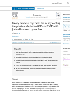 Tzabar N. Binary mixed-refrigerants for steady cooling temperatures between 80 K and 150 K with Joule–Thomson cryocoolers. Cryogenics, vol. 64 (2014a), pp. 70-76